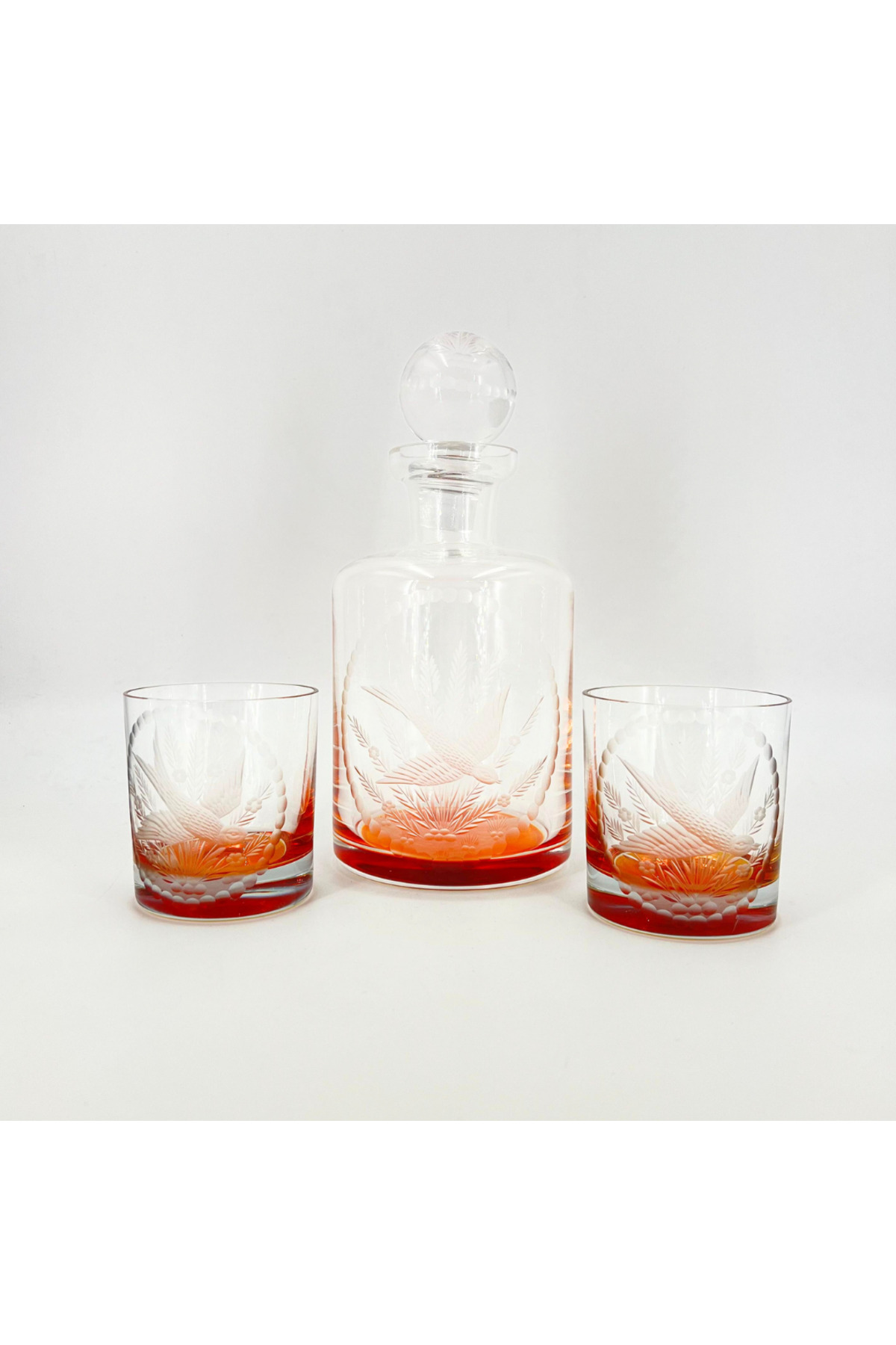 Gravür Kuş ve Çiçek Desenli Karaf ve Bardak Seti