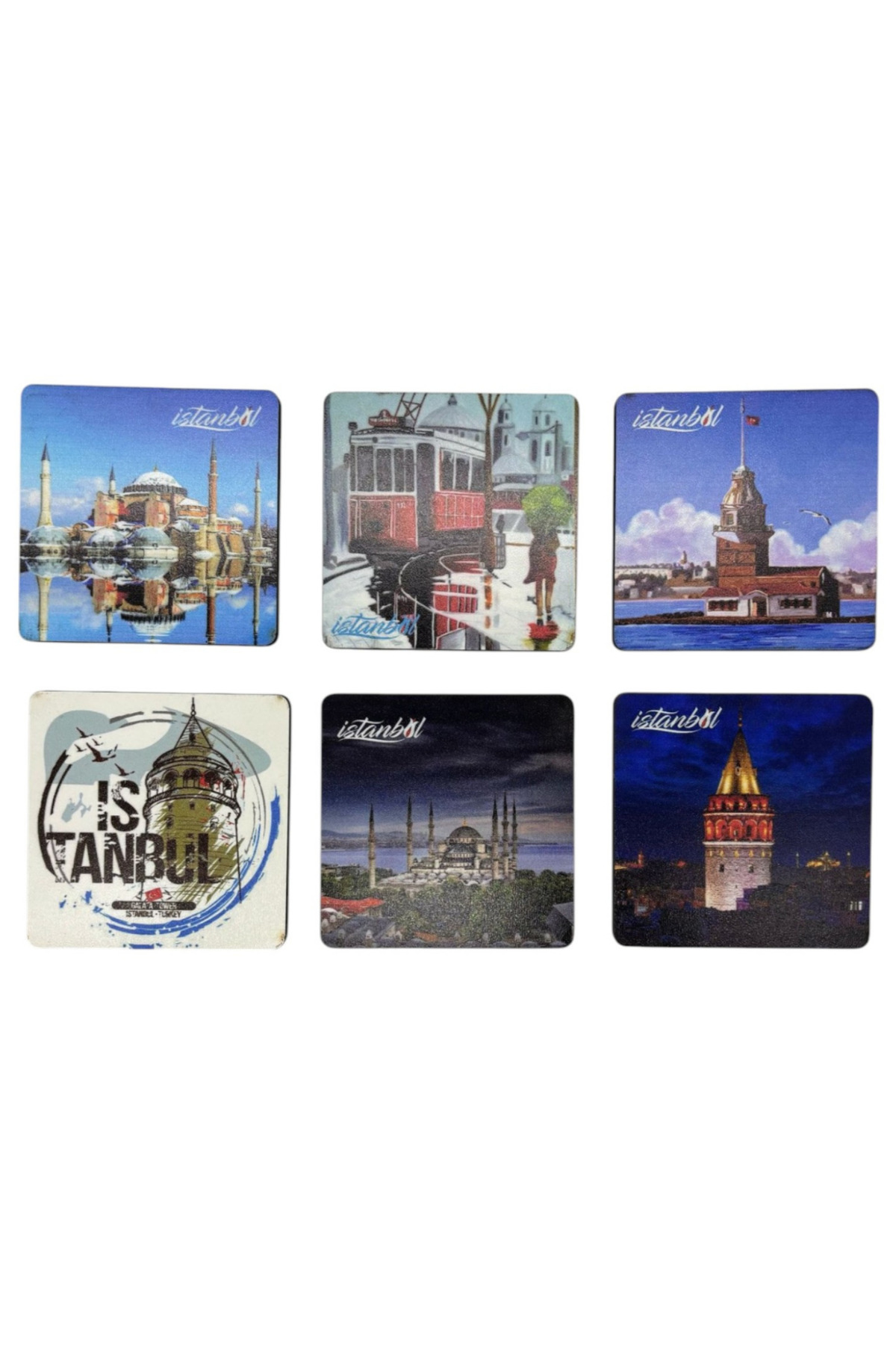 İstanbul Desenli 6'lı Ahşap Fincan Ve Bardak Altlığı Kahve Altı Kare