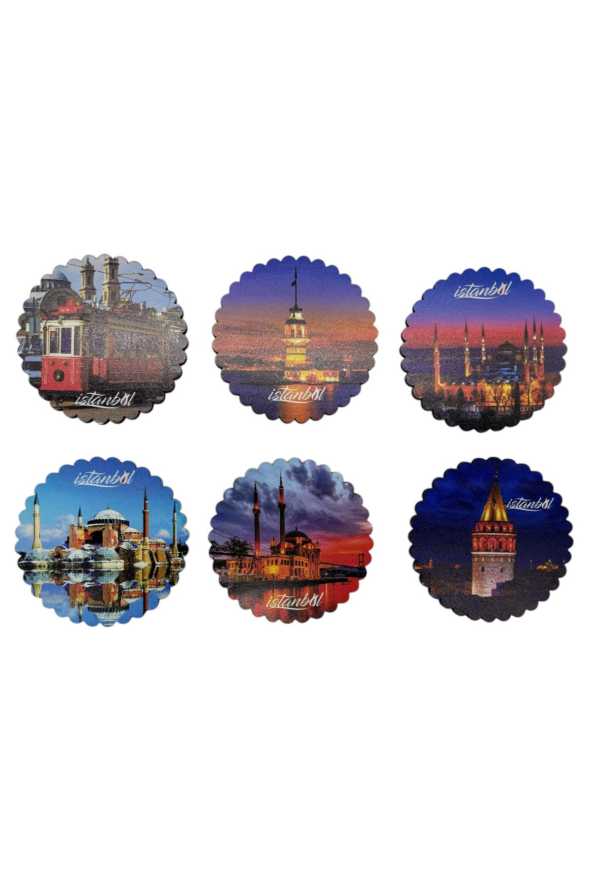 İstanbul Desenli 6'lı Ahşap Bardak Altlığı Oval