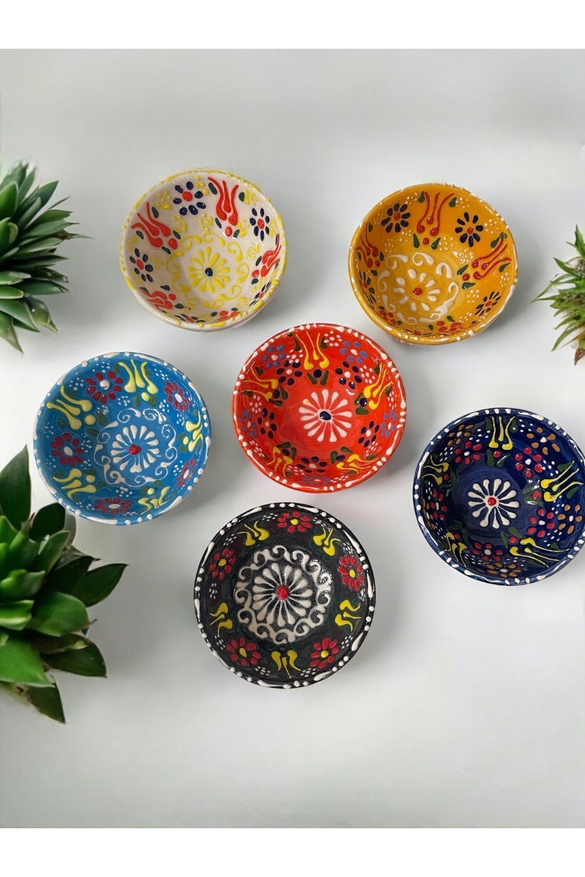 Dekoratif Lale Çiçek İşlemeli Çini Seramik Sosluk - Çerezlik - Kahvaltılık 6 Adet