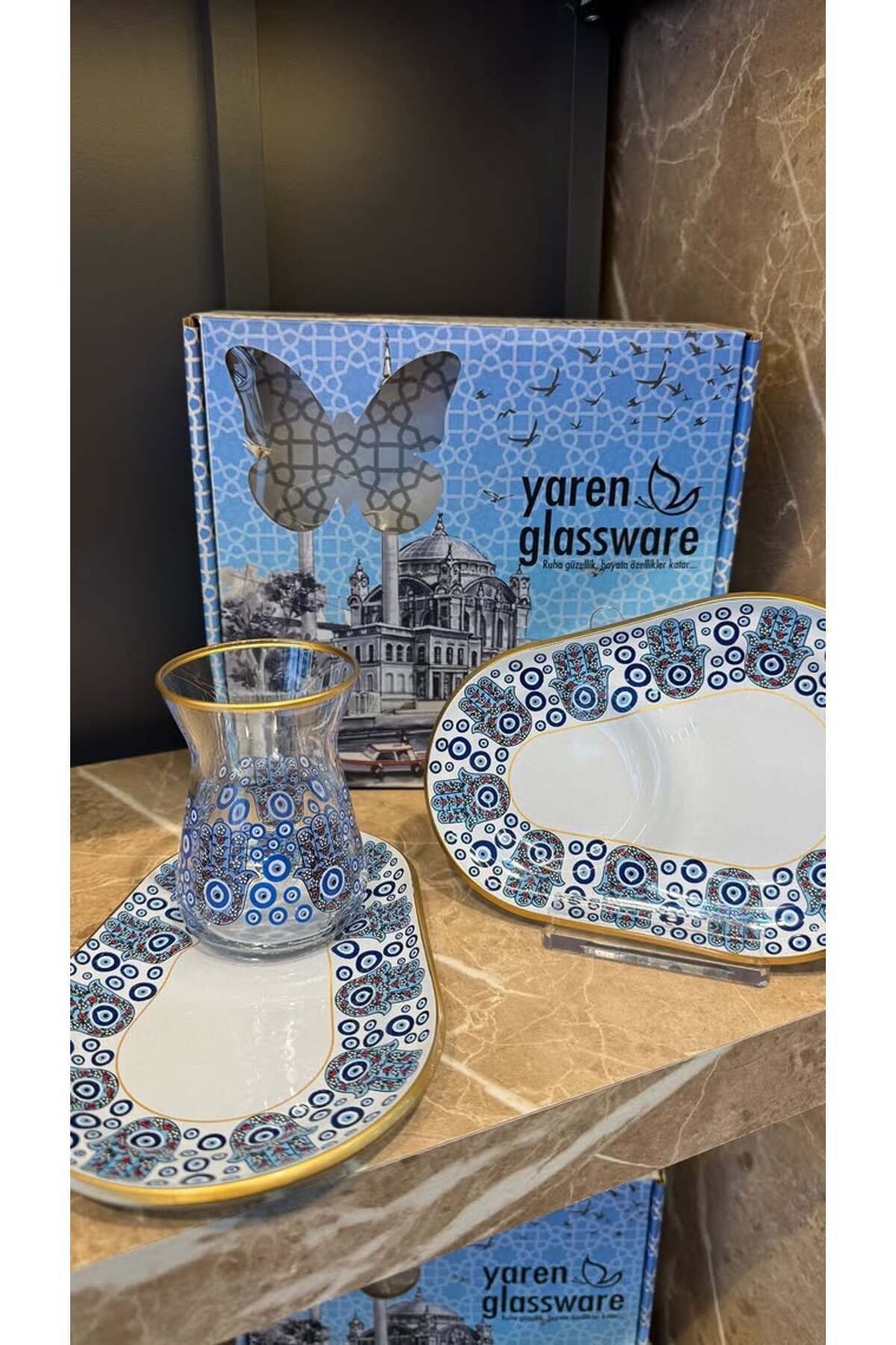 Desenli Tek Kişilik Çay Seti Mavi