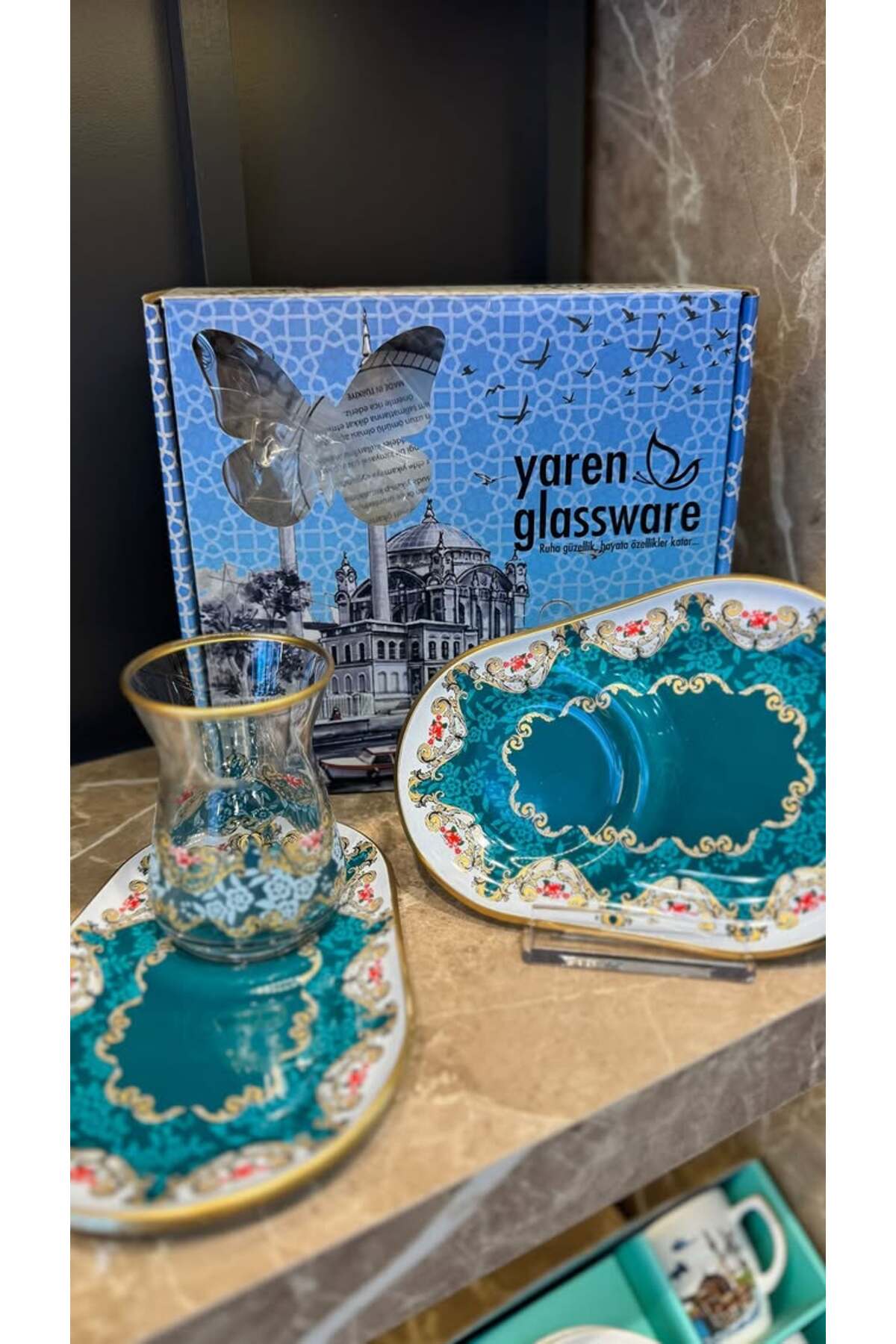 Desenli Tek Kişilik Çay Seti Karışık