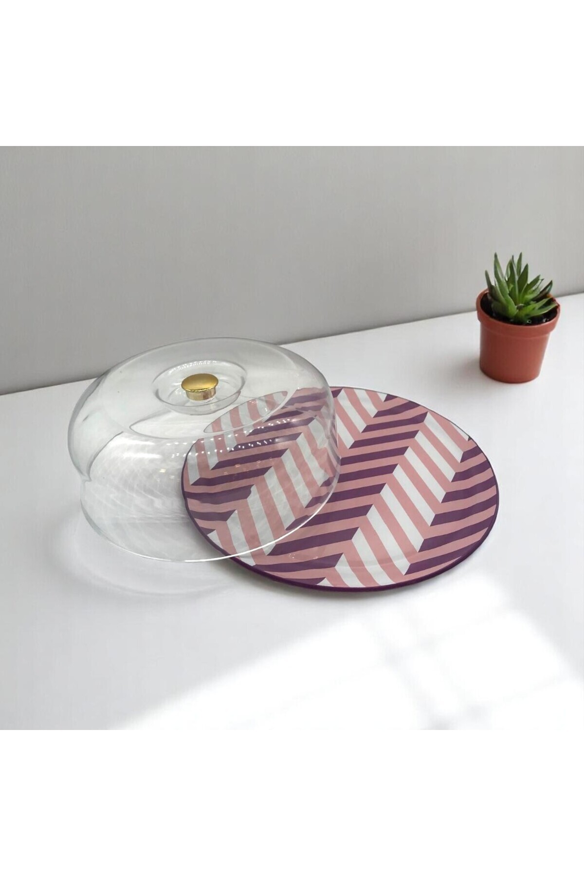 Seramik Desenli Yuvarlak 2 Parça Fanus Seti 31cm Pembe