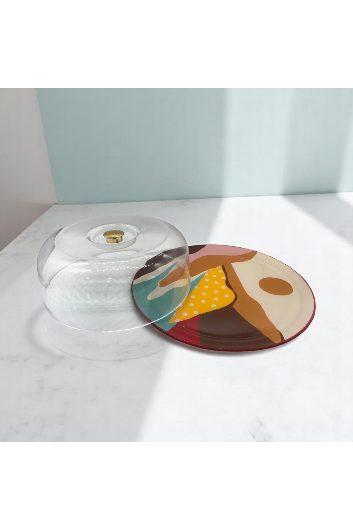 Seramik Desenli Yuvarlak 2 Parça Fanus Seti