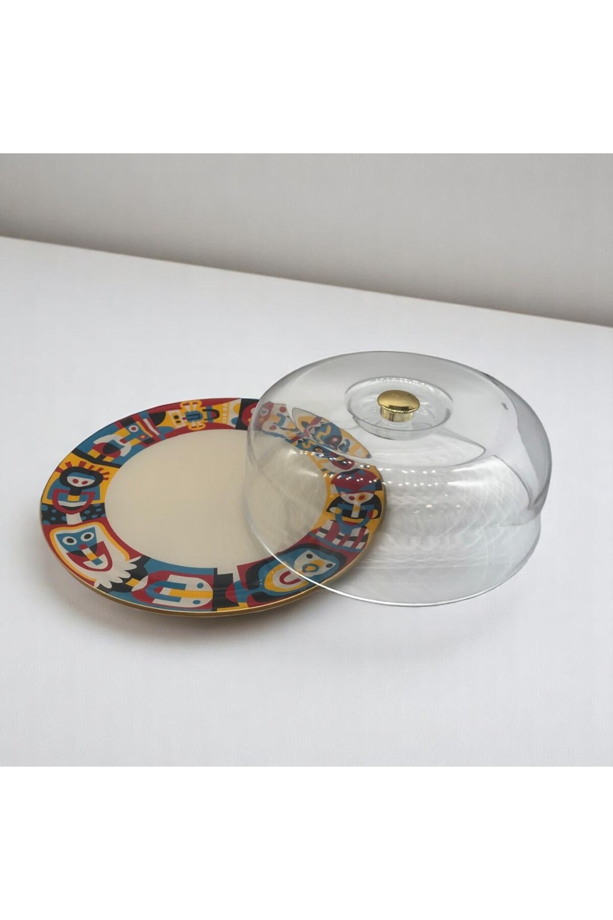 Seramik Desenli Yuvarlak 2 Parça Fanus Seti