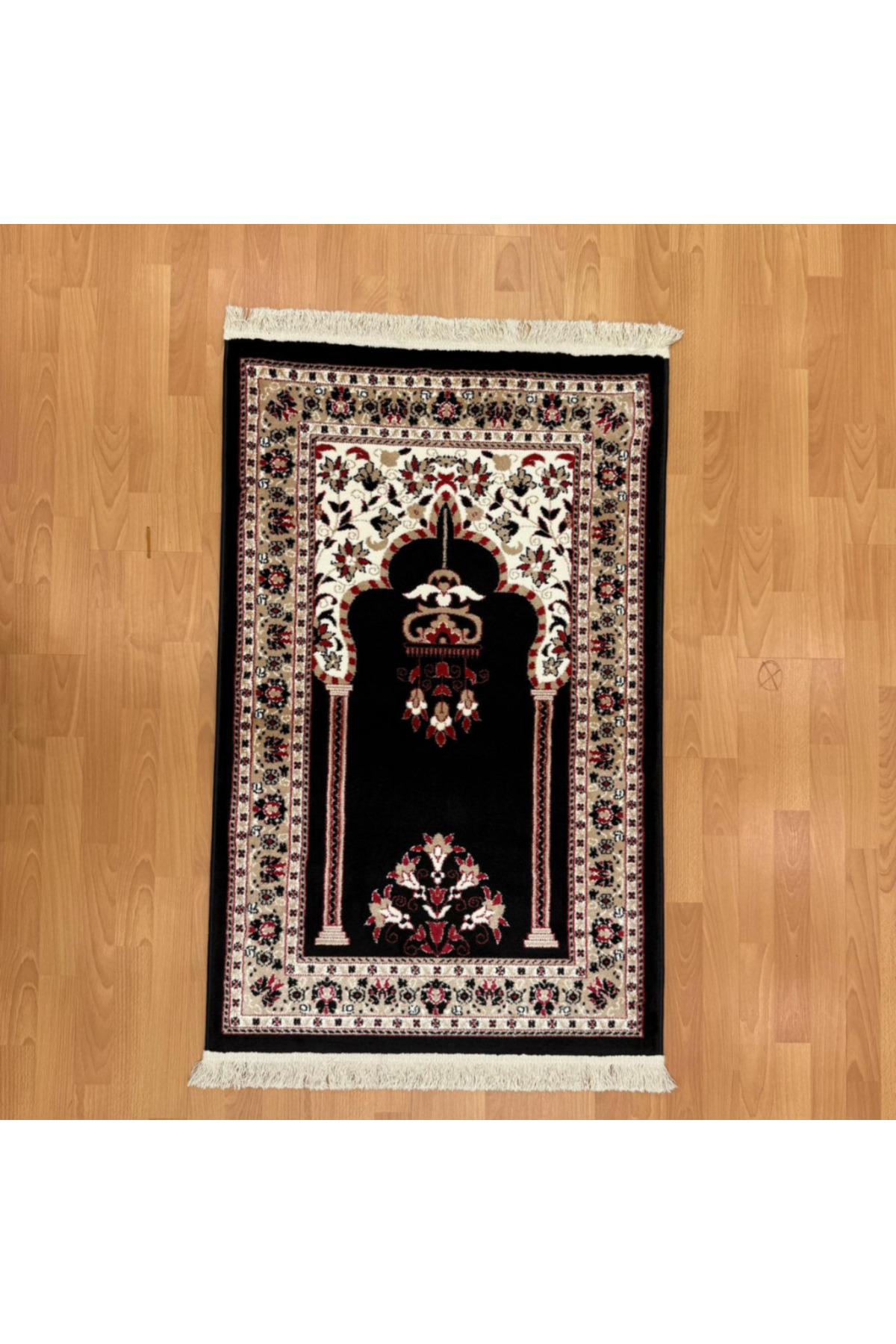 Geleneksel Motifli Yünlü Seccade Siyah